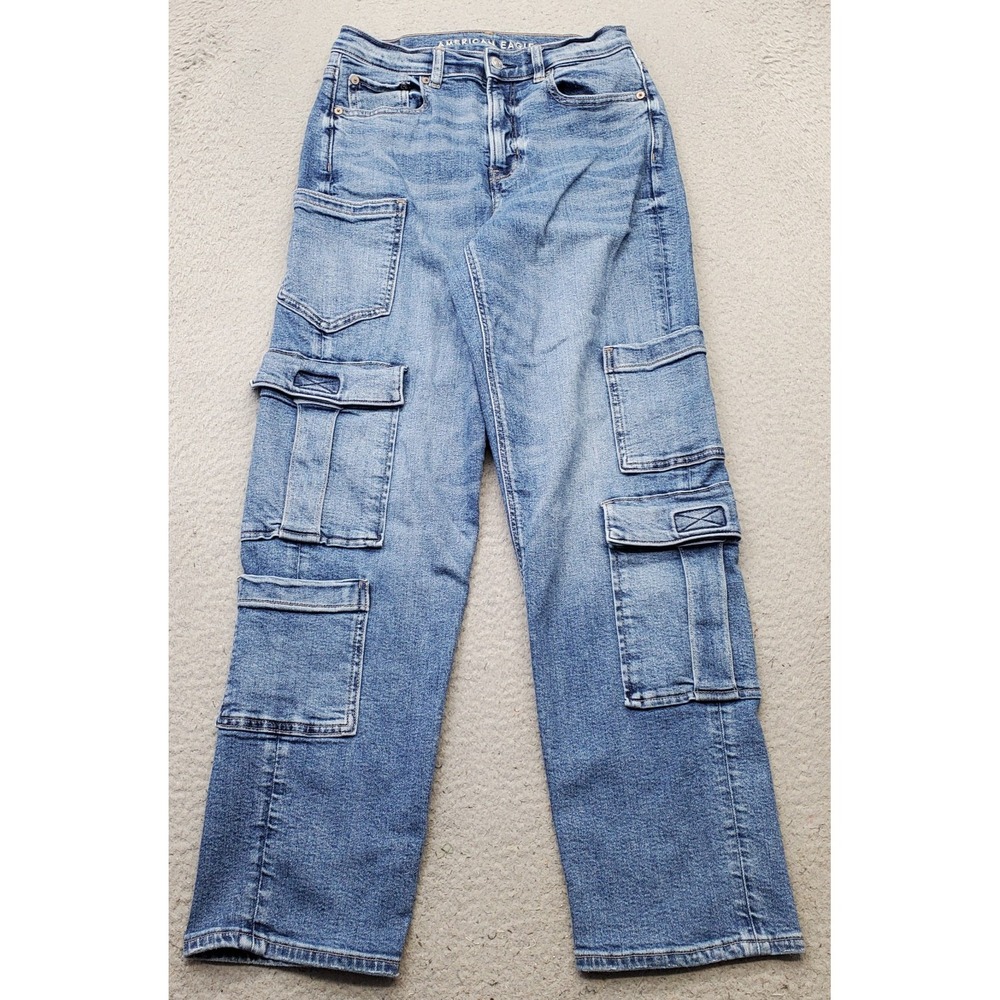American Eagle Cargo Jeans Women 2 Blue Denim Utility Pockets Stretch Streetwear
